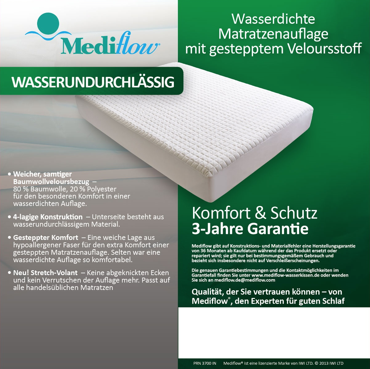 Wasserdichte Matratzenauflage mit gestepptem Baumwoll-Velours